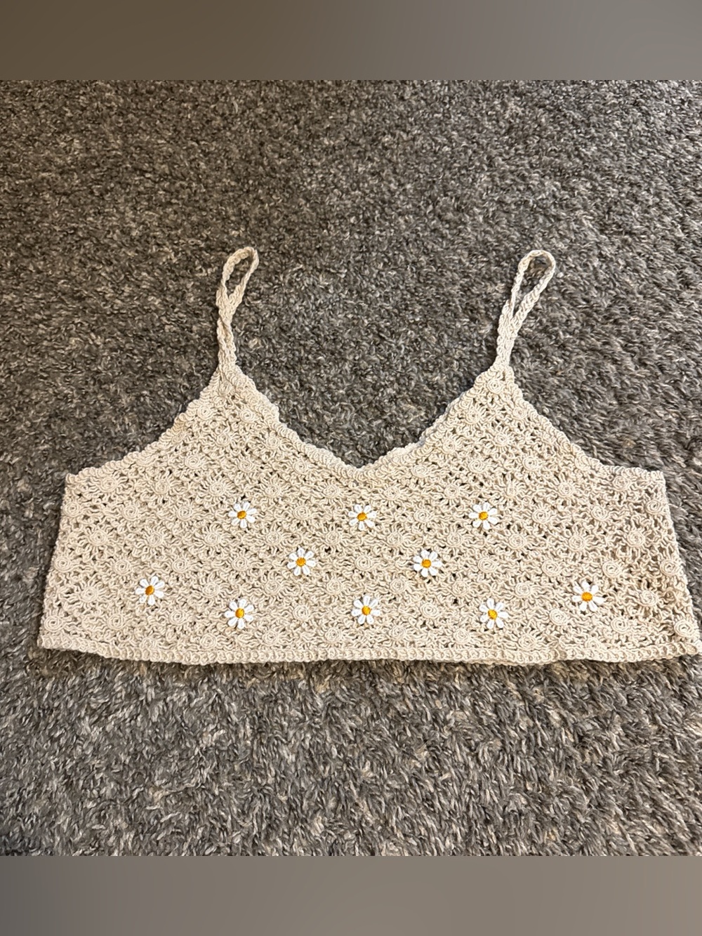 Cream Crochet Daisy Crop Top - Women's Spaghetti Strap Tank